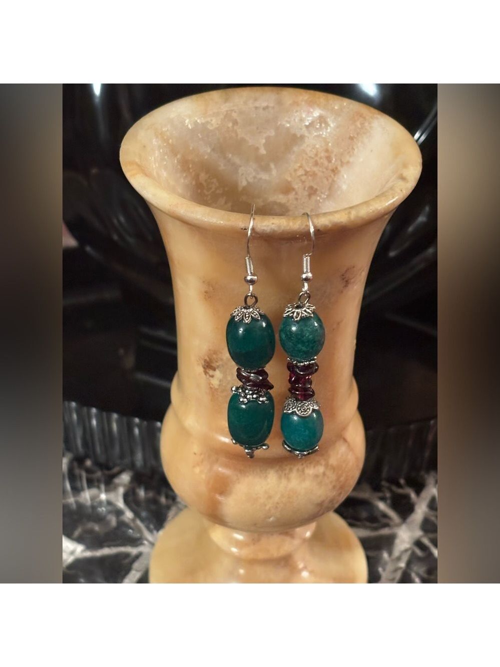 NWT Artisan Emerald & Garnet Dangle Earrings • In Bloom Collection • 925 Hooks - Picture 8 of 10